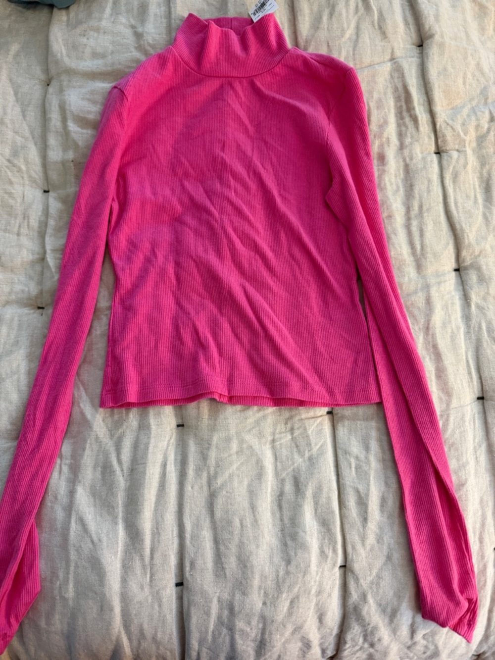 American Eagle Outfitters Hot Pink Ribbed Mock Neck Long-Sleeve Top